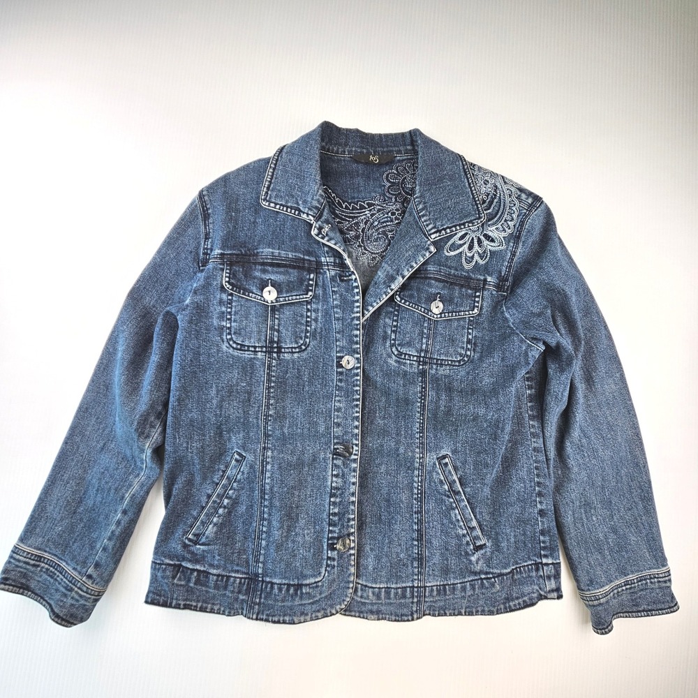 iOS Womens Medium Blue Embroidered Denim Jacket Boho Paisley Western Artsy
